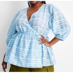 Women's Blue Plaid Wrap Blouse